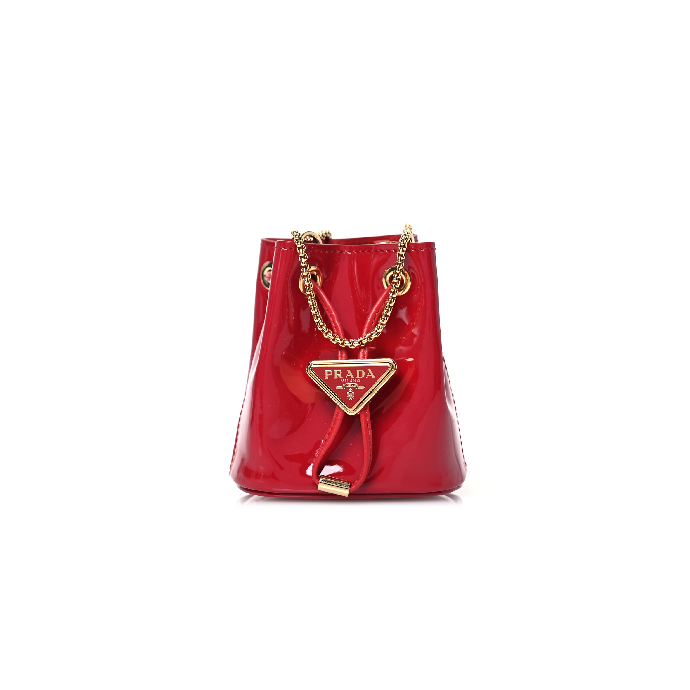 Pra*a vernice metal triangle logo mini drawcord pouch shoulder bag cherry 1nr016 (9.5*9*6cm)